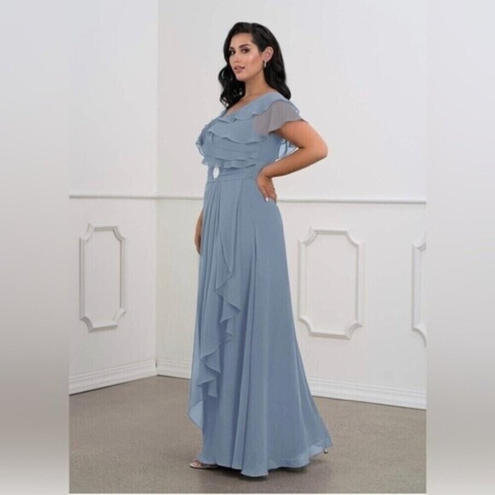 AZAZIE maxi dress A-Line Ruched Chiffon Floor-Length Dress Dusty Blue Size 10 - Picture 9 of 14